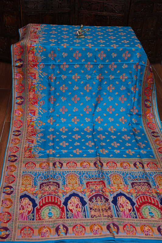 Kashmiri Pashmina Banarasi Story Telling Saree - Blue