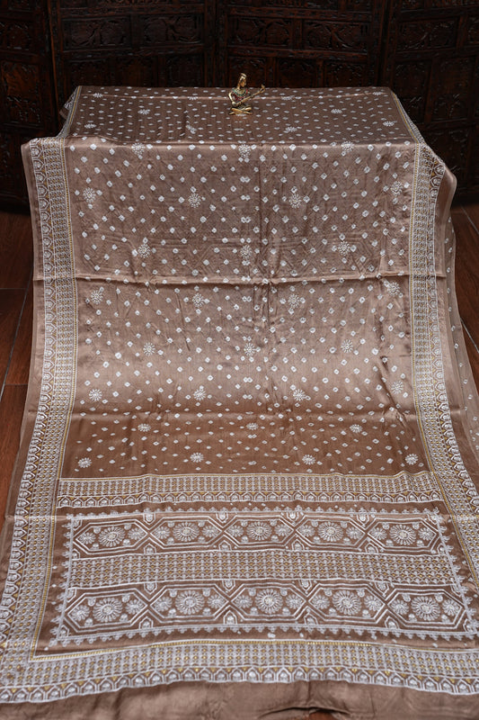 Pure Gajji Silk Bandhini Saree - Light Brown