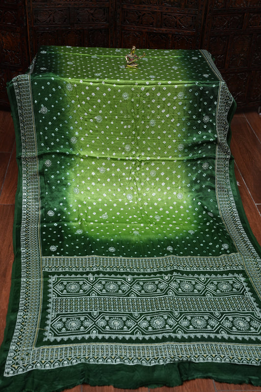 Pure Gajji Silk Bandhini Saree - Green