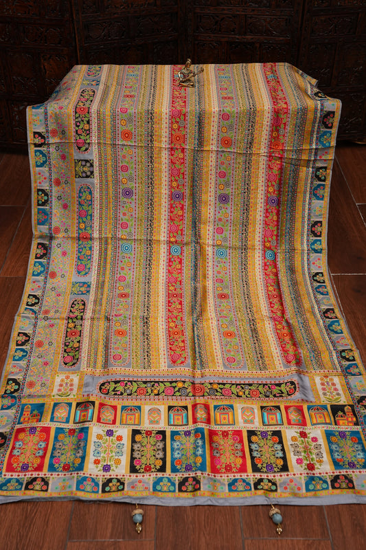 Kashmiri Pashmina Banarasi Story Telling Saree -Multicolor on Grey