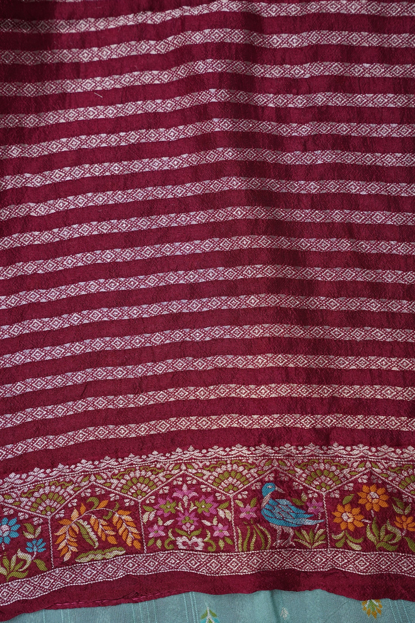 Tussar Banarasi Raw Silk Saree with Floral Paithani Weaves β Mint Green & Wine