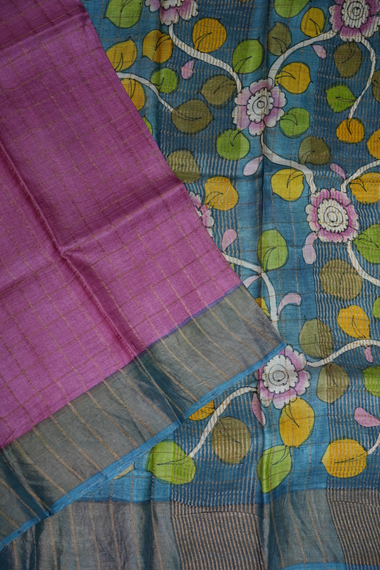 Premium Hand-Painted Tussar Silk Saree β Magenta Pink with Artistic Floral Pallu