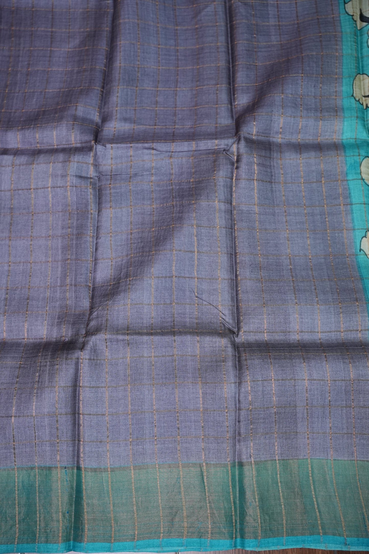 Premium Hand-Painted Tussar Silk Saree β Steel Grey with Aqua Blue Floral Pallu