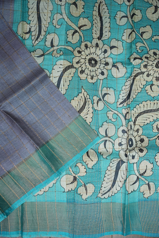 Premium Hand-Painted Tussar Silk Saree β Steel Grey with Aqua Blue Floral Pallu
