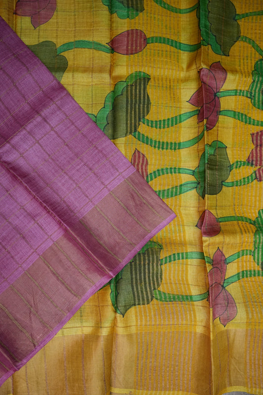 Premium Hand-Painted Tussar Silk Saree β Magenta with Mustard Yellow Lotus Pallu