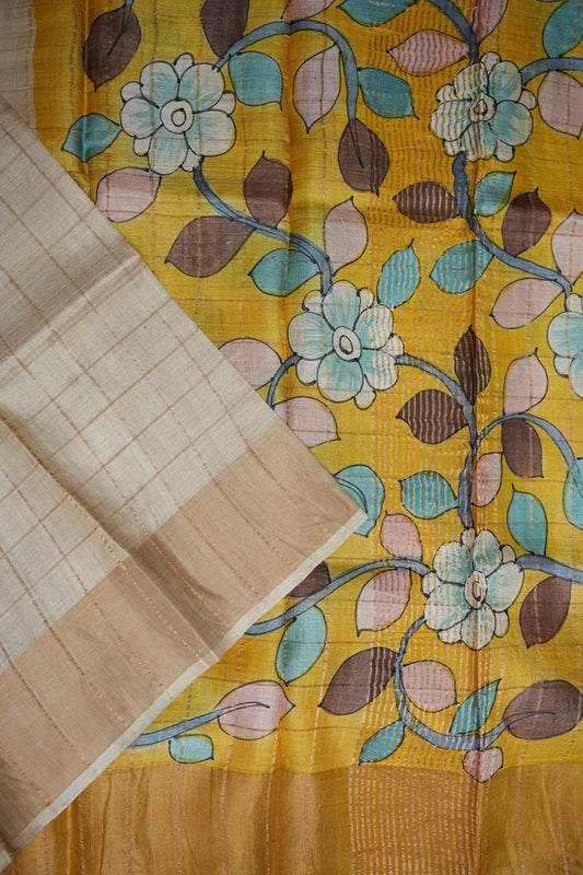 Premium Hand-Painted Tussar Silk Saree β Ivory with Mustard Floral Pallu