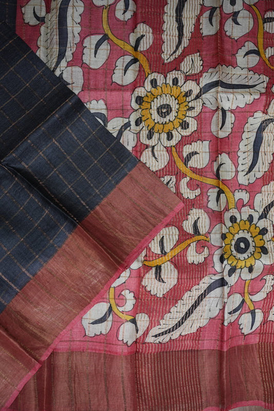 Premium Hand-Painted Tussar Silk Saree β Rich Dark Grey with Floral Kalamkari Pallu & Blouse