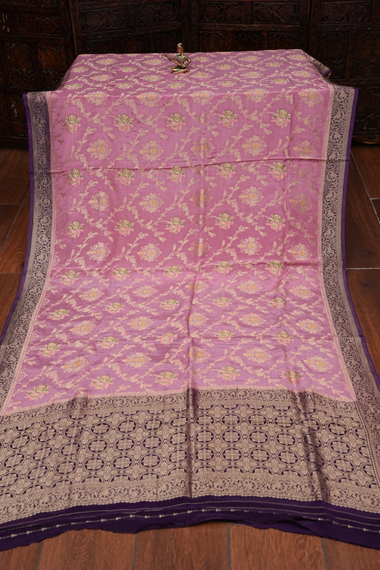 Banarasi Munga Silk Saree - Rose Pink & Deep Purple