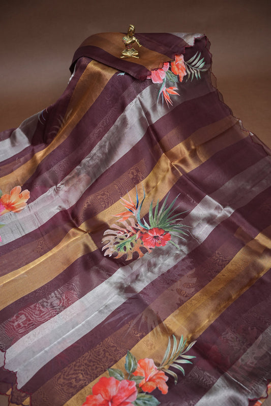 Pure Tissue Organza Silk Saree with Digital Floral Print-Wine Brown, Antique Gold & Silver