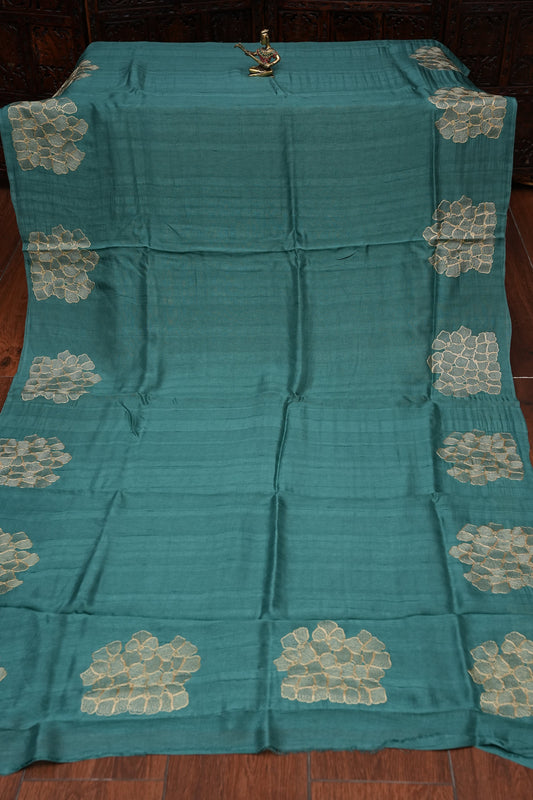 Tussar Banarasi Raw Silk Saree with Floral Zari Butta Weaving β Sea Green