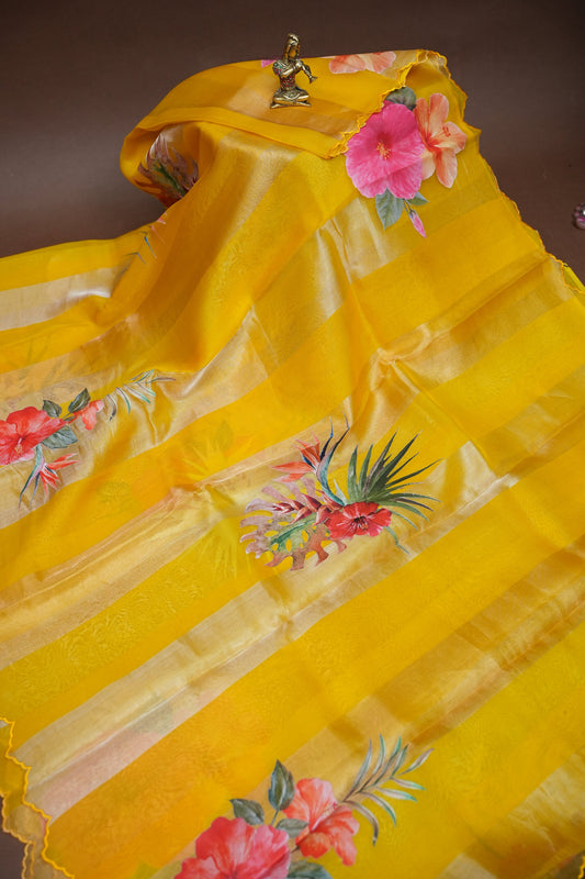 Pure Tissue Organza Silk Saree with Digital Floral Print-Sunshine Yellow