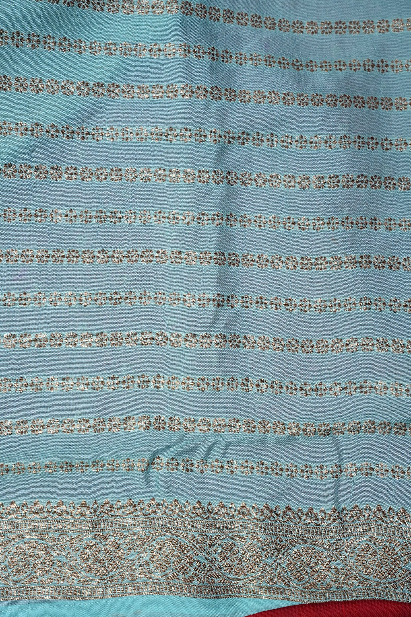 Tussar Banarasi Raw Silk Saree β Red & Sea Green with Zari Border