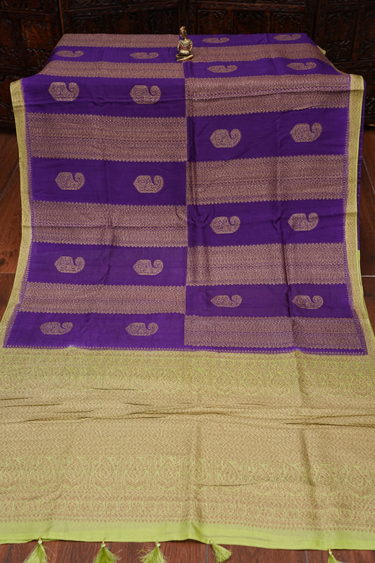 Tussar Banarasi Raw Silk Saree β Royal Purple & Pistachio Green