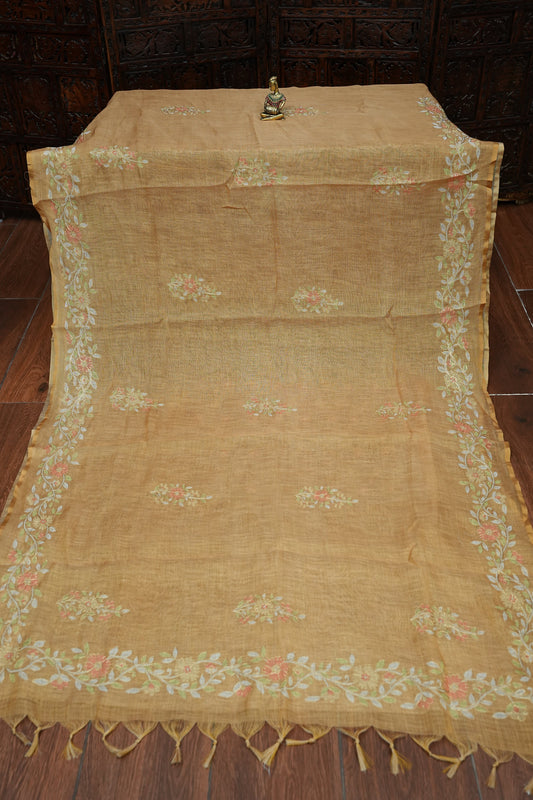 Embroidered Jute Linen Saree - Honey Beige