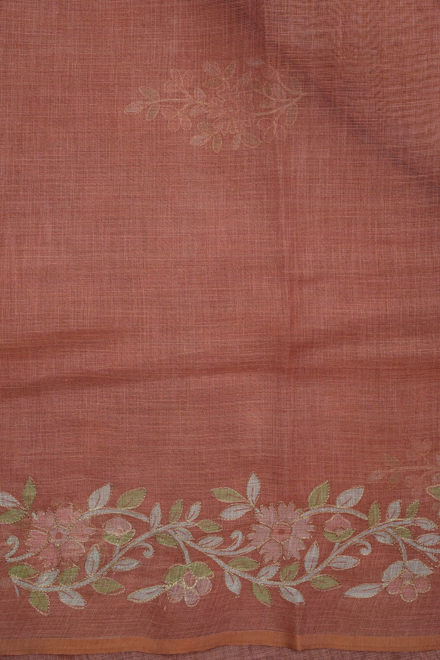 Embroidered Jute Linen Saree - Terracotta Peach