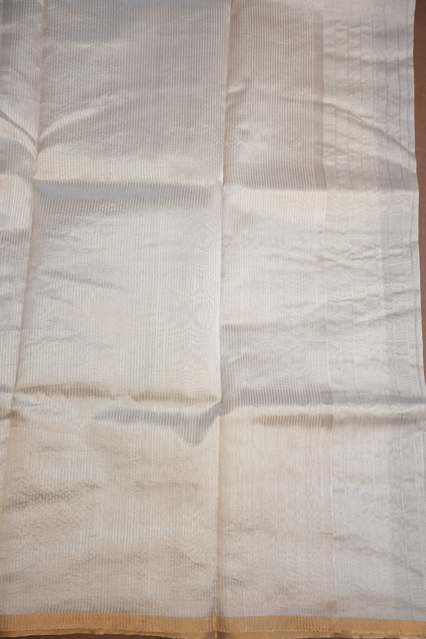 Pure Chanderi Silk Saree with Subtle Stripes & Tissue Border - Ivory Cream