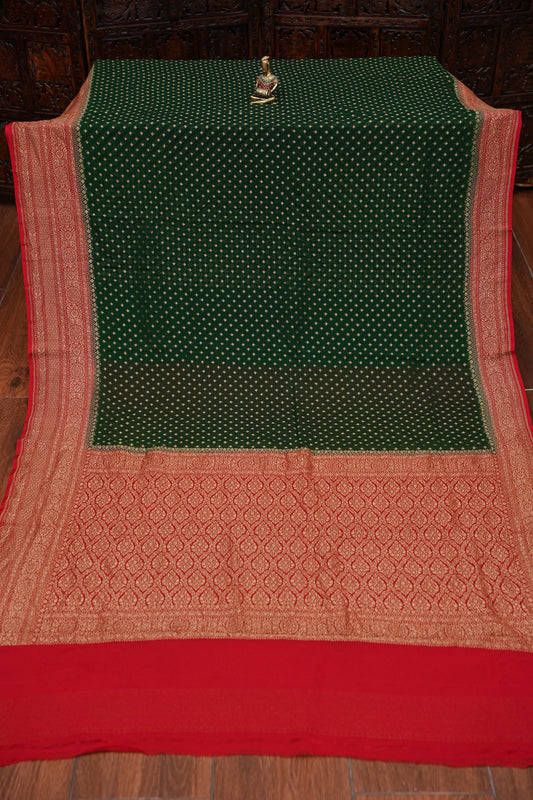 Pure Khadi Georgette Banarasi Saree – Bottle Green & Red
