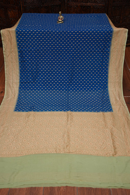 Pure Khadi Georgette Banarasi Saree - Peacock Blue & Sage Green