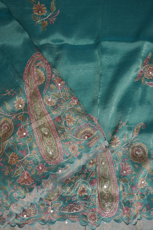 Teal Blue Glass Tissue Organza Designer Party Wear Saree