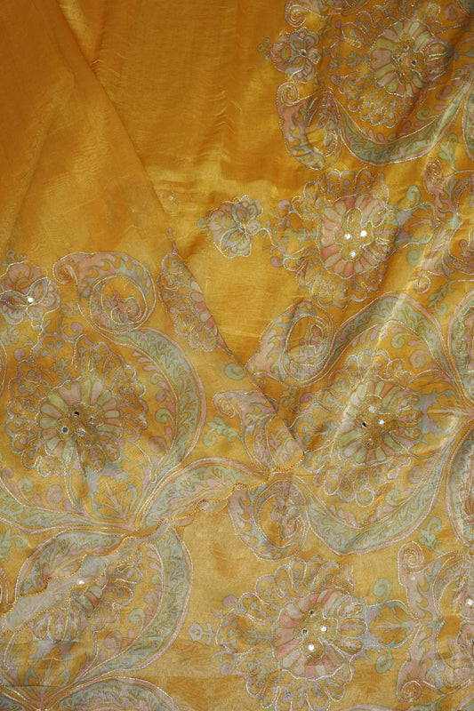 Bright Mustard Gold Glass Tissue Organza Designer Party Wear Saree