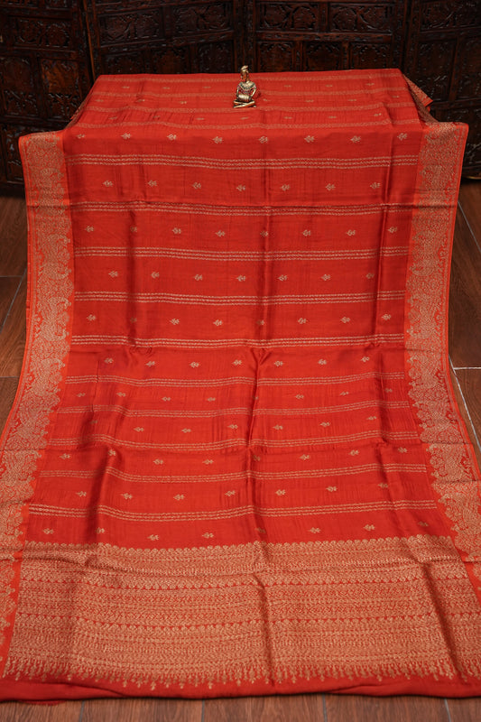 Tussar Banarasi Raw Silk Saree with Handloom Peacock Border β Deep Orange
