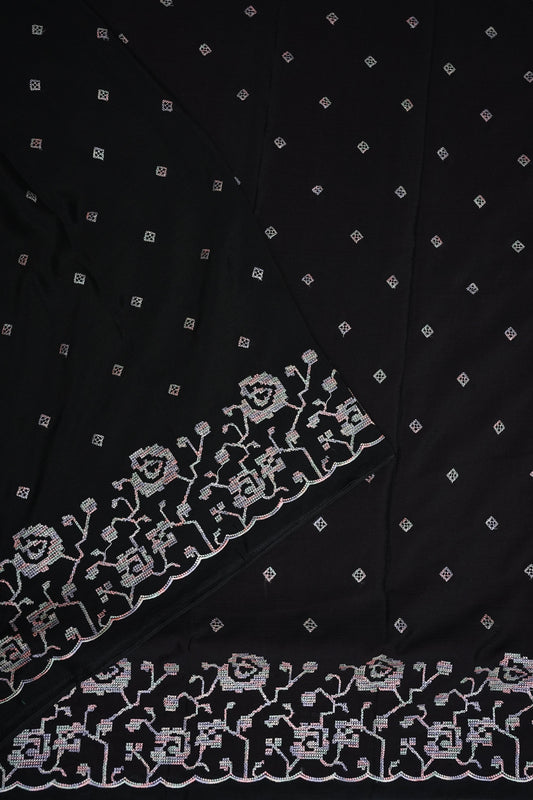 Black Turkey Chiffon Saree with Floral Embroidered Border
