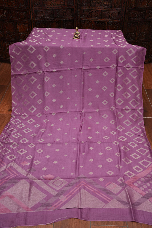 Tussar Banarasi Raw Silk Saree with Geometric Silver Weaving β Onion Pink