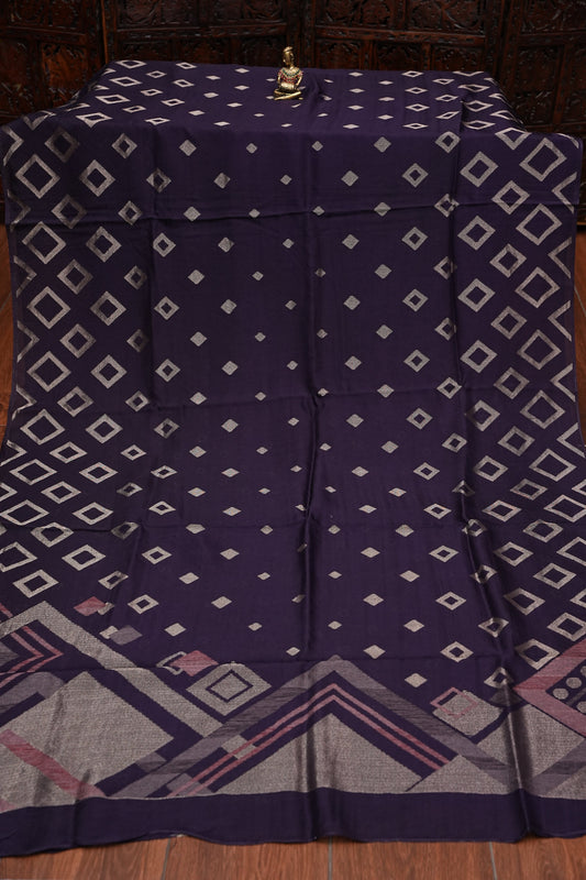Tussar Banarasi Raw Silk Saree with Geometric Silver Weaving β Deep Purple