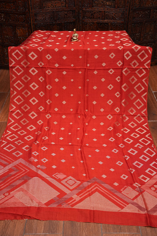 Tussar Banarasi Raw Silk Saree with Geometric Silver Weaving β Rust Orange