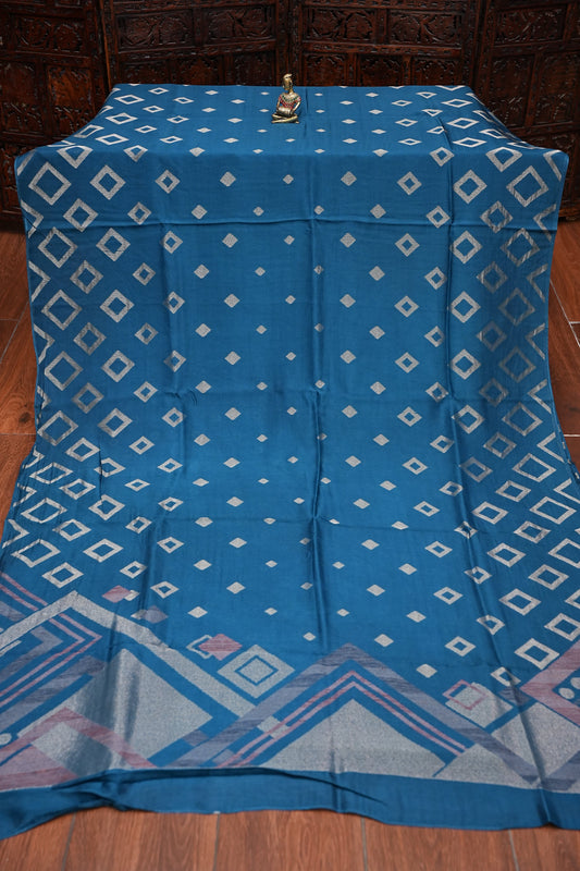 Tussar Banarasi Raw Silk Saree with Geometric Silver Weaving β Teal Blue