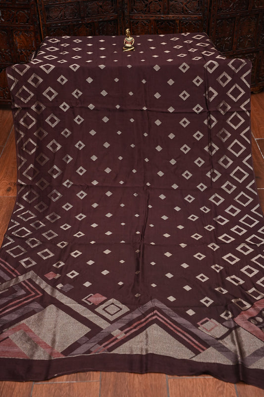 Tussar Banarasi Raw Silk Saree with Geometric Silver Weaving β Coffee Brown