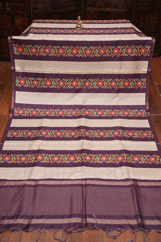 Semi Raw Silk Saree with Patola Prints & Striped Design β Deep Maroon
