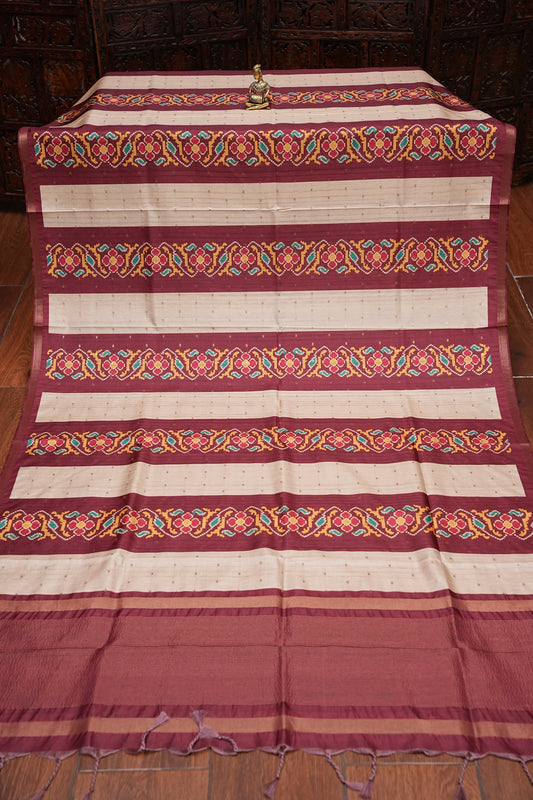 Semi Raw Silk Saree with Patola Prints & Striped Design β Maroon & Beige