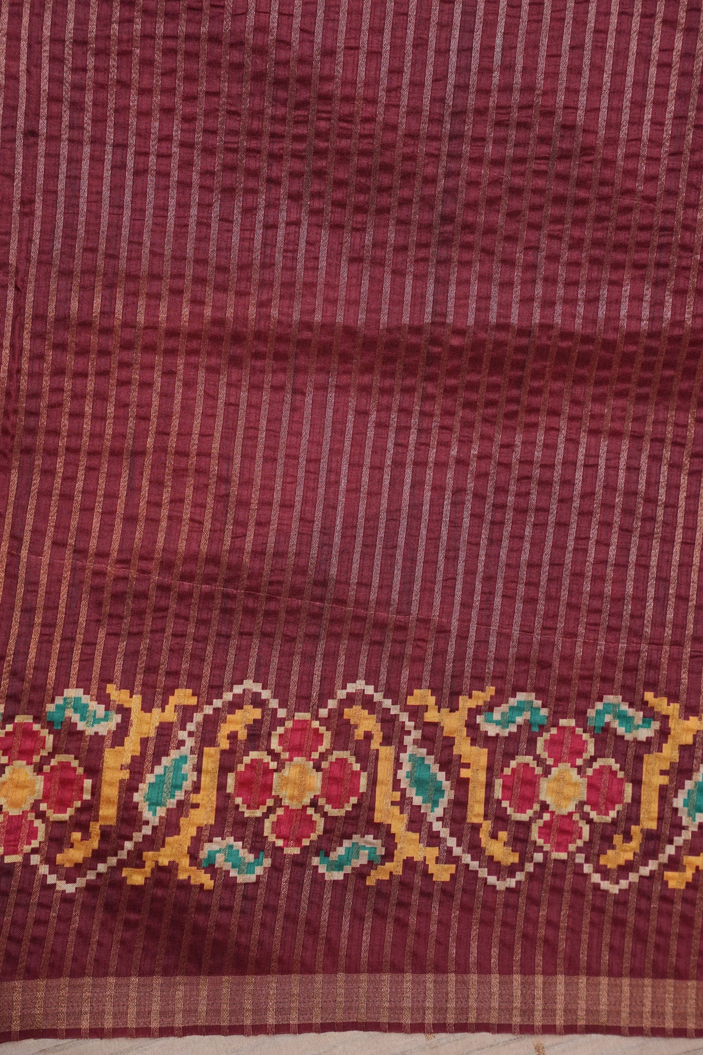 Semi Raw Silk Saree with Patola Prints & Striped Design β Maroon & Beige