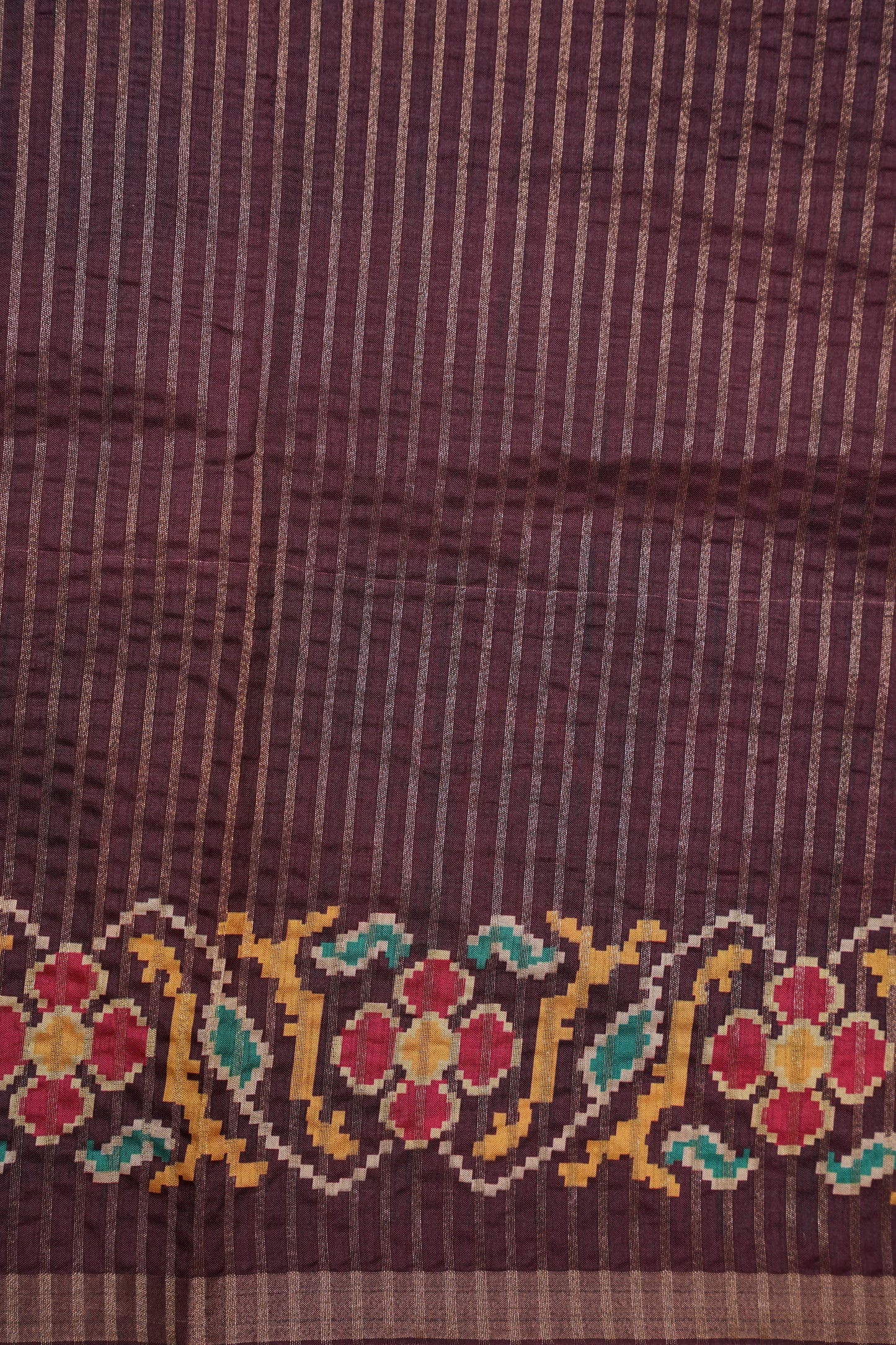 Semi Raw Silk Saree with Patola Prints & Striped Design β Wine & Beige