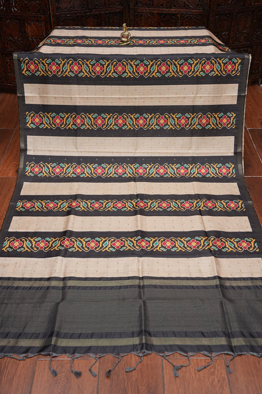 Semi Raw Silk Saree with Patola Prints & Striped Design β Black & Beige