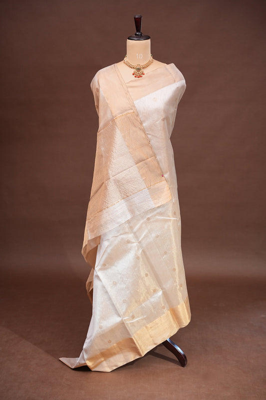 Pure Chanderi Silk Saree with Zari Buttas & Tissue Border - White & Gold