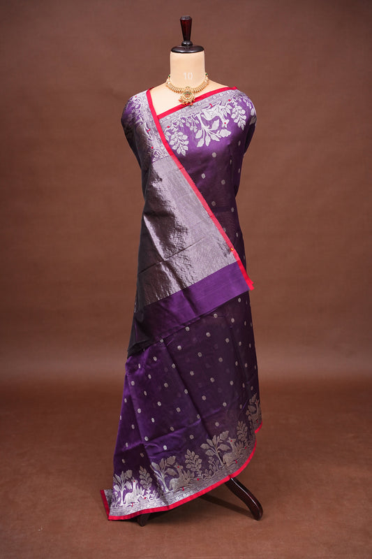 Pure Chanderi Silk Saree with Zari Buttas & Tissue Border - Royal Purple