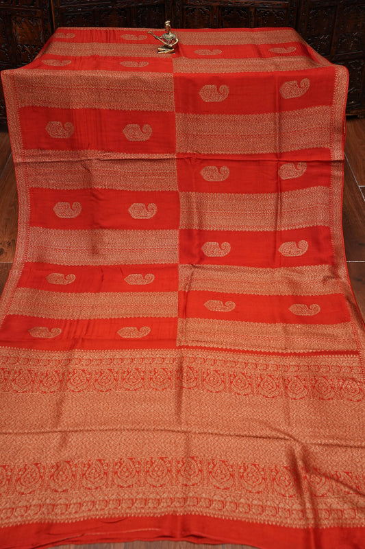 Tussar Banarasi Raw Silk Saree β Vermilion Red with Gold Mango Buttis