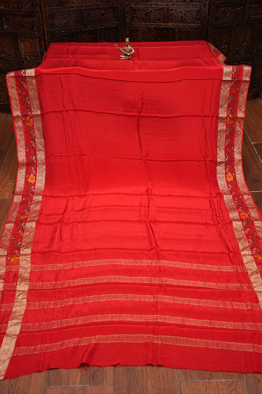 Crepe Silk Saree with Embroidered Border - Red