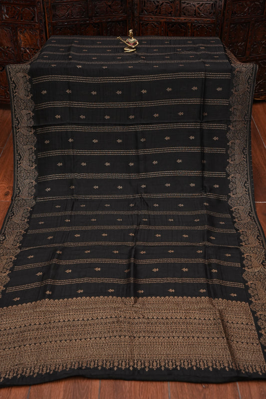 Tussar Banarasi Raw Silk Saree with Handloom Peacock Border β Classic Black
