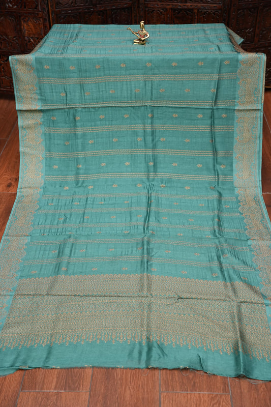 Tussar Banarasi Raw Silk Saree with Handloom Peacock Border β Aqua Green