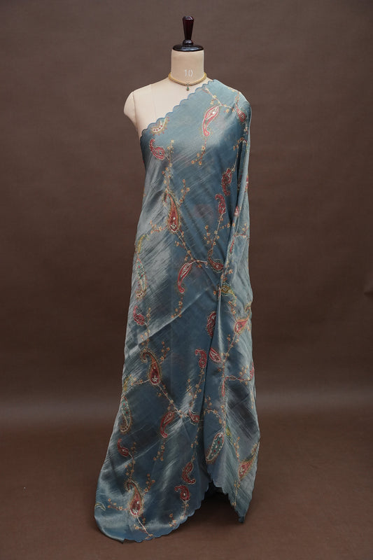 Glass Tissue Organza Designer Party Wear Saree with Digital Floral Prints -Dusty Blue