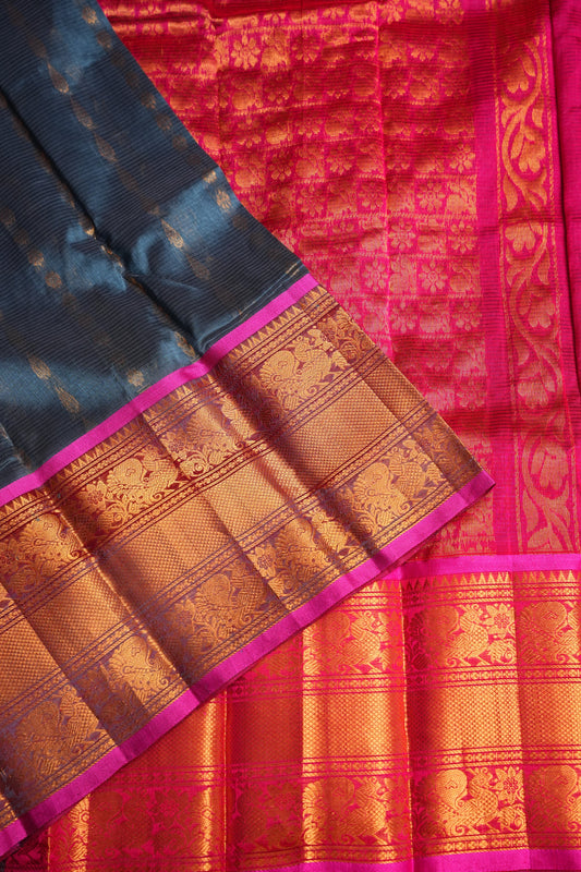 Mangalgiri Kuppadam Silk Cotton Pattu Saree - Grey & Pink
