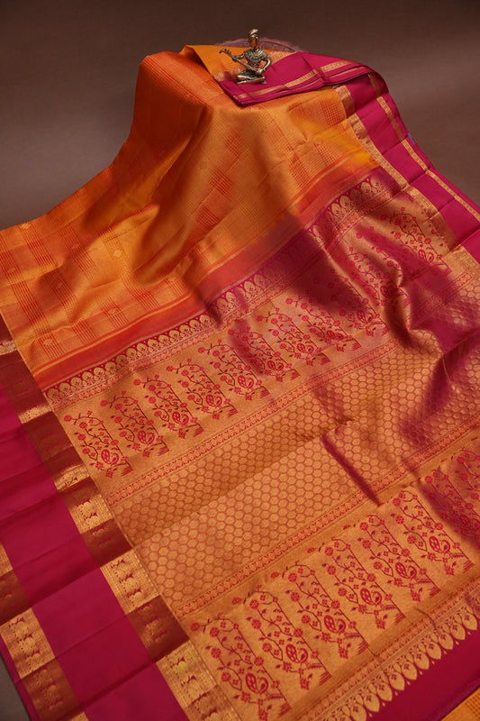 Aadhya-Mustard Gold & Deep Red Pure Kanchipuram Silk Saree | Silk Mark Certified