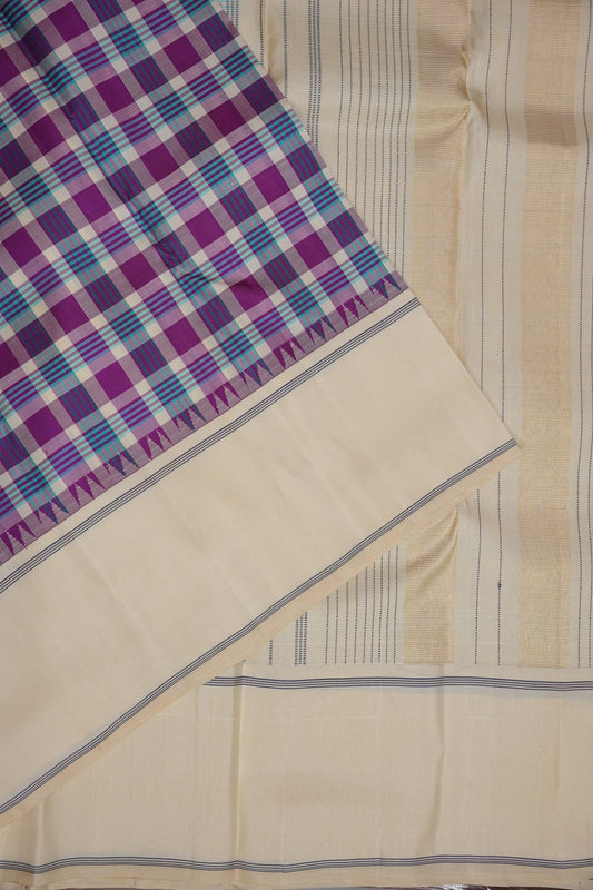 Purple Checks & Off-White Pure Kanchipuram Silk Saree | Silk Mark Certified
