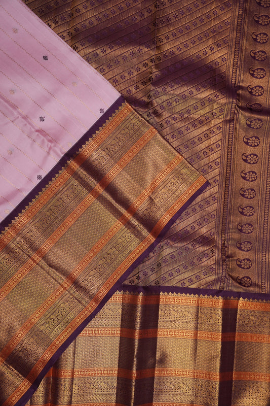 Baby Pink Pure Kanchipuram Silk Saree with Royal Violet Zari Border|Silk Mark Certified