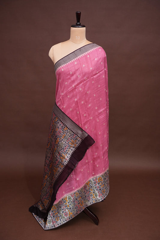 Tussar Banarasi Raw Silk Saree with Floral Paithani Weaves β Blush Pink & Deep Wine Border