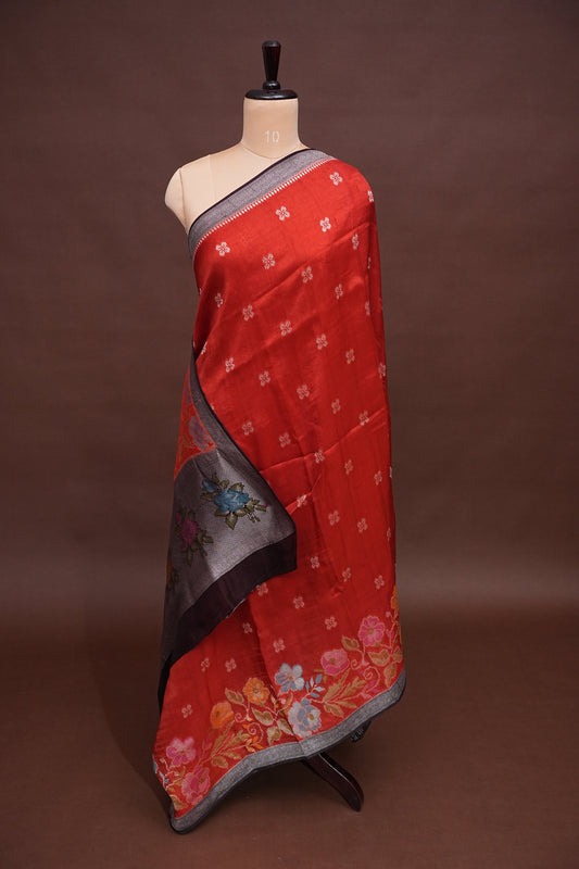 Tussar Banarasi Raw Silk Saree with Floral Paithani Weaves β Burnt Orange & Black