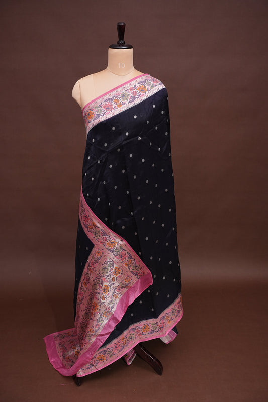 Tussar Banarasi Raw Silk Saree with Floral Paithani Weaves β Black & Pink